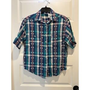 Vintage Backroad Blues Women's Teal Blue Plaid Short Sleeve Button Down Shirt M
